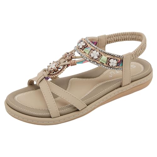 AYOrpeg Sommerschuhe Damen Elegant Bequeme Sandalen Freizeit Flach Sandalette mit Strass Perlen Bohemia Strand Schuhe（Beige,36 von AYOrpeg