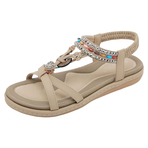 AYOrpeg Strandsandalen Damen Sommerschuhe Damen Bequem Bohemia Sandalen mit Strass Perlen Strand Schuhe Freizeit Flach Sandalette（Beige,38 von AYOrpeg