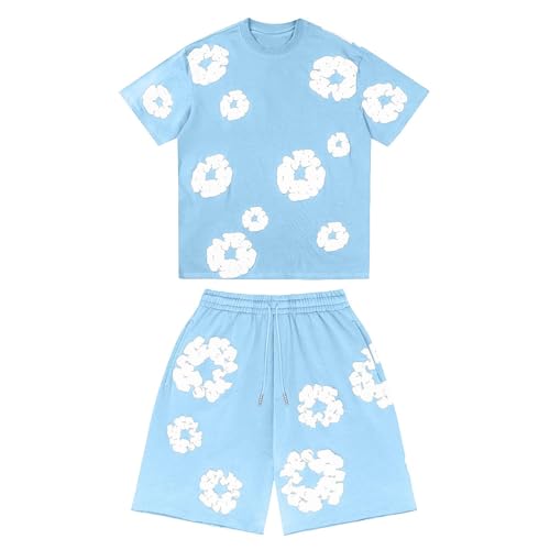 AYOrpeg T-Shirt mit Shorts Set 2 Teiliges Outfit Trainingsanzug Jogginganzug Hip Hop Kurzarm T-Shirts mit Hose Herren Damen Sportanzug Unisex Schaumdruck Trainingsanzug（Himmelblau,S von AYOrpeg