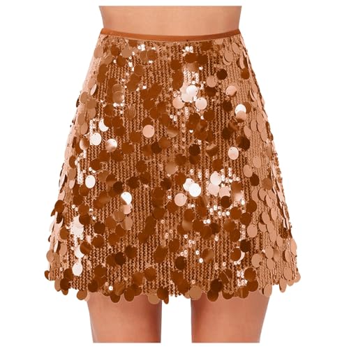 Rock Damen Mini Rock Damen Pailletten Rock Glitzer A Linie Hohe Taille Skirts Party Rock Damen Sequin Bleistift Minirock Damen Rock Bleistiftrock Hohe Taille Glitzer Pencil Rock (Orange, M) von AYOrpeg