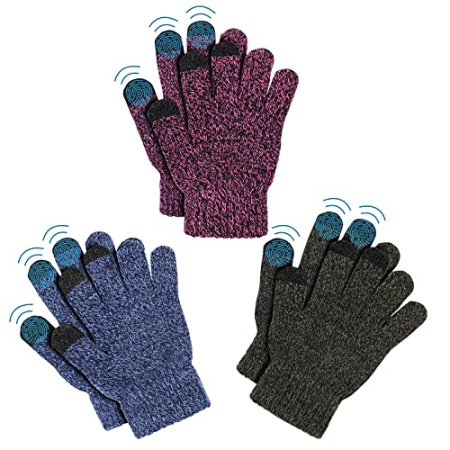 AYPOW 3 Paar Kinder Winter Warme Handschuhe, Elastisch Thermo Fleece Futter Touchscreen Outdoor Vollfinger Strickhandschuhe für 4-8 Jahre alte Jungen Mädchen Kinder, Wintertaugliches Tägliches Tragen von AYPOW