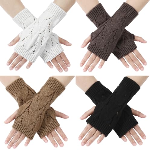 AYPOW 4 Paar Fingerlose Handschuhe Damen,Winter Gestrickte Armstulpene Pulswärmer Damen Mädchen,Klassische Weiche Kurzer Halb Fingerhandschuhe Fäustlinge mit Daumenloch für Frauen Alltagskleidung von AYPOW