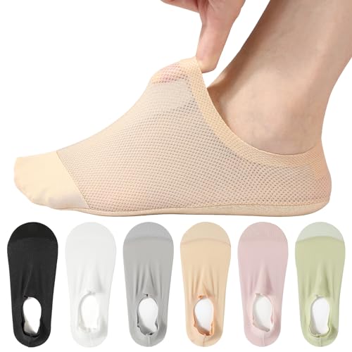 AYPOW 6Pcs No Show Nylon Socken Füßlinge Damen, Großflächiges Mesh Ultra Atmungsaktive Eisseide Unsichtbare Socken, Rutschfeste Baumwollboden Lässige Söckchen Sneaker Socken für flache Schuhe Loafer von AYPOW