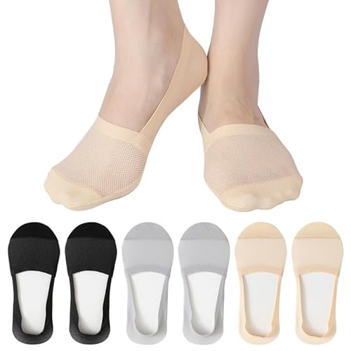 AYPOW 6Pcs No Show Nylon Socken Füßlinge für Damen, Weiche Atmungsaktive Baumwollboden Unsichtbare Socken aus Eisseide mit Rutschfest Silikon, Ballerina Socken Freizeitsocken für Loafer Flache Schuhe von AYPOW