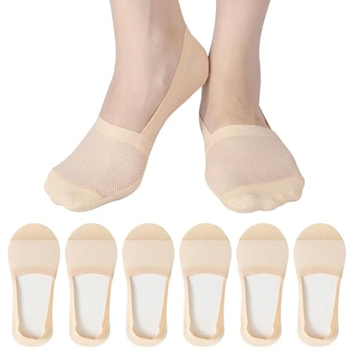 AYPOW 6Pcs No Show Nylon Socken Füßlinge für Damen, Weiche Atmungsaktive Baumwollboden Unsichtbare Socken aus Eisseide mit Rutschfest Silikon, Ballerina Socken Freizeitsocken für Loafer Flache Schuhe von AYPOW