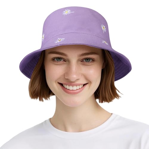 AYPOW Baumwolle Reversibel Damen Fischerhut Gänseblümchen Sonnenhut, Leichter Beideseitig Tragen Anglerhut Teenager Mädchen Fischerhüte, Faltbar Strandhut Mode Eimerhut für Camping Reisen Wandern von AYPOW