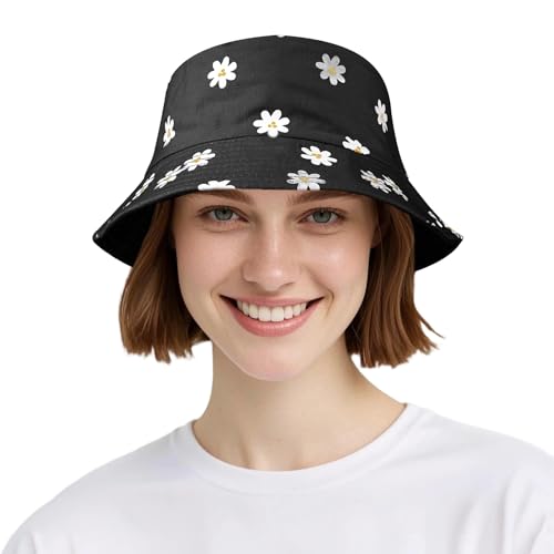 AYPOW Baumwolle Reversibel Damen Fischerhut Gänseblümchen Sonnenhut, Leichter Beideseitig Tragen Anglerhut Teenager Mädchen Fischerhüte, Faltbar Strandhut Mode Eimerhut für Camping Reisen Wandern von AYPOW