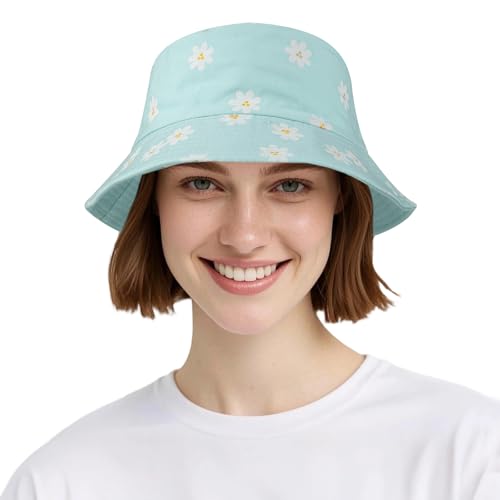 AYPOW Baumwolle Reversibel Damen Fischerhut Gänseblümchen Sonnenhut, Leichter Beideseitig Tragen Anglerhut Teenager Mädchen Fischerhüte, Faltbar Strandhut Mode Eimerhut für Camping Reisen Wandern von AYPOW