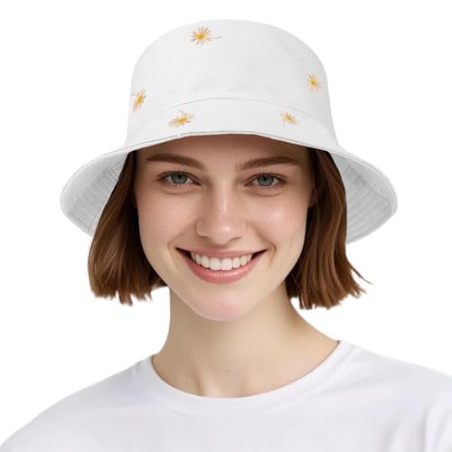 AYPOW Baumwolle Reversibel Damen Fischerhut Gänseblümchen Sonnenhut, Leichter Beideseitig Tragen Anglerhut Teenager Mädchen Fischerhüte, Faltbar Strandhut Mode Eimerhut für Camping Reisen Wandern von AYPOW