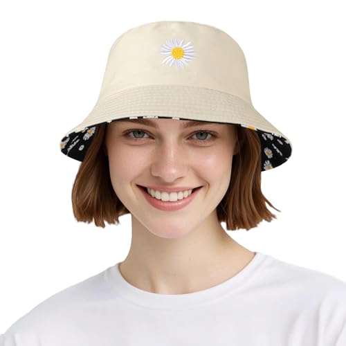AYPOW Baumwolle Reversibel Damen Fischerhut Gänseblümchen Sonnenhut, Leichter Beideseitig Tragen Anglerhut Teenager Mädchen Fischerhüte, Faltbar Strandhut Mode Eimerhut für Camping Reisen Wandern von AYPOW