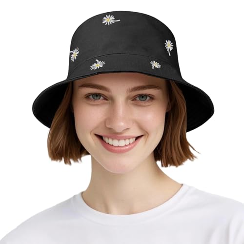 AYPOW Baumwolle Reversibel Damen Fischerhut Gänseblümchen Sonnenhut, Leichter Beideseitig Tragen Anglerhut Teenager Mädchen Fischerhüte, Faltbar Strandhut Mode Eimerhut für Camping Reisen Wandern von AYPOW