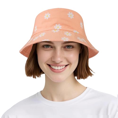 AYPOW Baumwolle Reversibel Damen Fischerhut Gänseblümchen Sonnenhut, Leichter Beideseitig Tragen Anglerhut Teenager Mädchen Fischerhüte, Faltbar Strandhut Mode Eimerhut für Camping Reisen Wandern von AYPOW