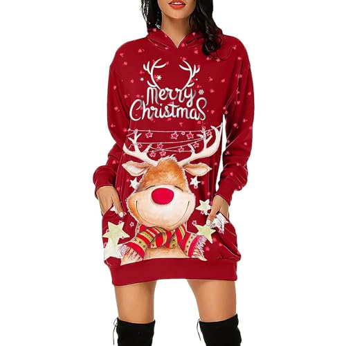 AYPOW Damen Casual Weihnachts Christmas Kapuzenpullover, Kreativer Lustiger 3D Pullover Hoody, Xmas Long Hoodie Top Hoodies mit Taschen Bequemes Langarm Sweatshirts Pullover für Damen S M L XL XXL von AYPOW