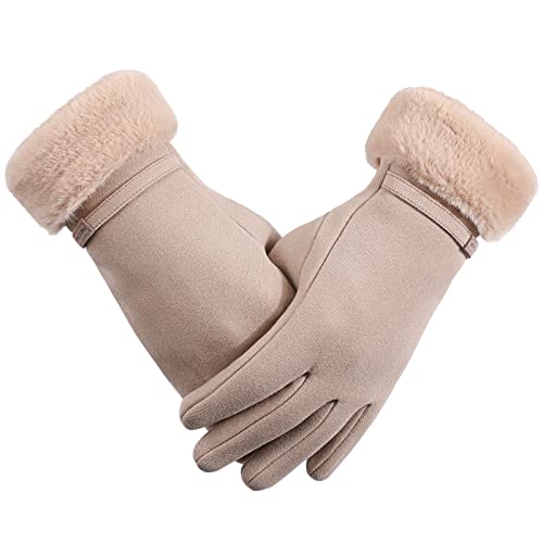 AYPOW Damen Dame Winter Warme Handschuhe, Thermofleece Futter Winddicht Handschuhe Im Freien, Touchscreen-Funktion, Winter Passform Tägliche Verwendung, beige, One size von AYPOW