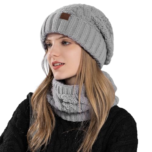 AYPOW Damen mütze schal set winter, Warme Wintermütze Loop Schal mit Fleecefutter, Winterset Damen Weichem Stricken Beanie Hüte Schlauchschal Set Damenmützen Strickschal Geschenk Frauen von AYPOW
