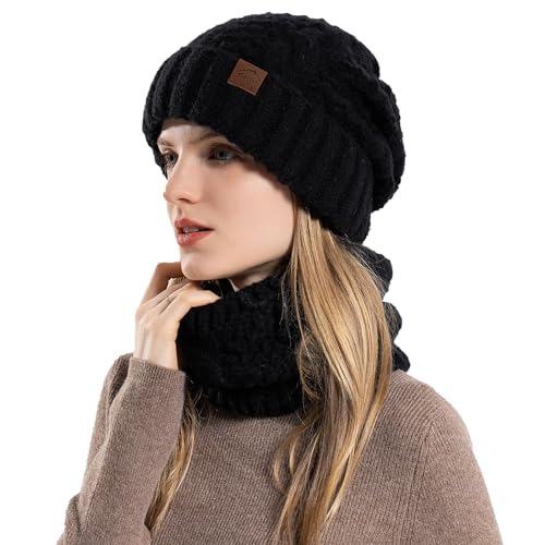 AYPOW Damen mütze schal set winter, Warme Wintermütze Loop Schal mit Fleecefutter, Winterset Damen Weichem Stricken Beanie Hüte Schlauchschal Set Damenmützen Strickschal Geschenk Frauen von AYPOW