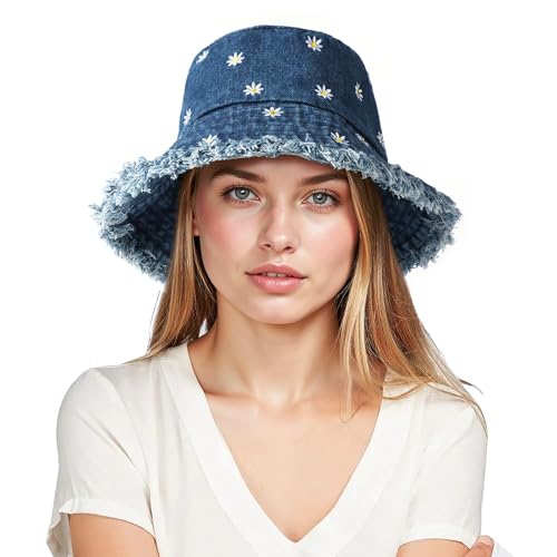 AYPOW Fischerhut Baumwolle Denim Bucket Hat Damen Faltbar Sonnenhut, Sommer Leicht UV-Schutz Strandhut Täglich Anglerhut, Mode Gänseblümchen Sommerhüte Packable Picknick Caps für Outdoor Wandern von AYPOW