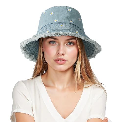 AYPOW Fischerhut Baumwolle Denim Bucket Hat Damen Faltbar Sonnenhut, Sommer Leicht UV-Schutz Strandhut Täglich Anglerhut, Mode Gänseblümchen Sommerhüte Packable Picknick Caps für Outdoor Wandern von AYPOW