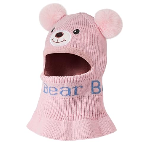 AYPOW Kinder Schlupfmütze Mädchen Jungen, Warme Schalmützen Wintermütze Fleece Gefüttert Niedlich Winddicht Strickmütze mit Bommel Beanie Mütze Loop Schal Kindermütze von AYPOW