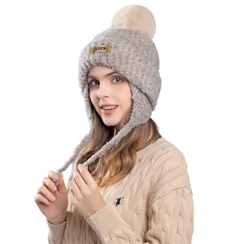 AYPOW Mütze Damen Winter, Modisch Warme Wintermütze Beanie mit Weichem Fleece Futter Slouchy Strickmützen Bommel Mütze mit Ohren von AYPOW