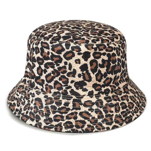 AYPOW Reversibel Damen Fischerhut Leopard Faltbar Sonnenhut, Leichter Beideseitig Tragen Anglerhut Teenager Mädchen Baumwolle Fischerhüte, UV-Schutz Strandhut Mode Eimerhut für Camping Reisen Wandern von AYPOW