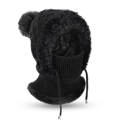 AYPOW Winter Mütze Damen mit Schal Gesichtsmaske, Thermo Strickmütze Balaclava mit Warme Fleecefutter Pompon, Weiches Dicke Beanie WintermüTZE Kapuzenschal Skimütze Hut für Outdoor von AYPOW