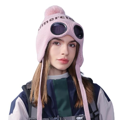 AYPOW Winter Warme Strickmütze mit Abnehmbarer Ohrenwärmer & Schutzbrille, Damen Modische Winddichte Skifahren Mütze Wandern Radfahren Beanie Mütze, Fleecefutter Warme Mütze für Winter Outdoor Sport von AYPOW