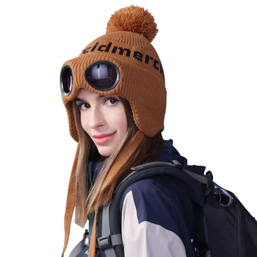 AYPOW Winter Warme Strickmütze mit Abnehmbarer Ohrenwärmer & Schutzbrille, Damen Modische Winddichte Skifahren Mütze Wandern Radfahren Beanie Mütze, Fleecefutter Warme Mütze für Winter Outdoor Sport von AYPOW