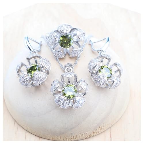 AYRTEGI VNJUGF Braut Silber 925 Runde Olive Zirkon Ringe Armbänder Anhänger Ohrringe Halskette Set for Frauen Hochzeit wanglan(3PCS-Olive,10) von AYRTEGI
