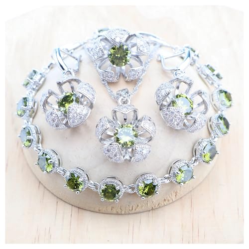 VNJUGF Braut Silber 925 Runde Olive Zirkon Ringe Armbänder Anhänger Ohrringe Halskette Set for Frauen Hochzeit wanglan(4PCS-Olive,40) von AYRTEGI