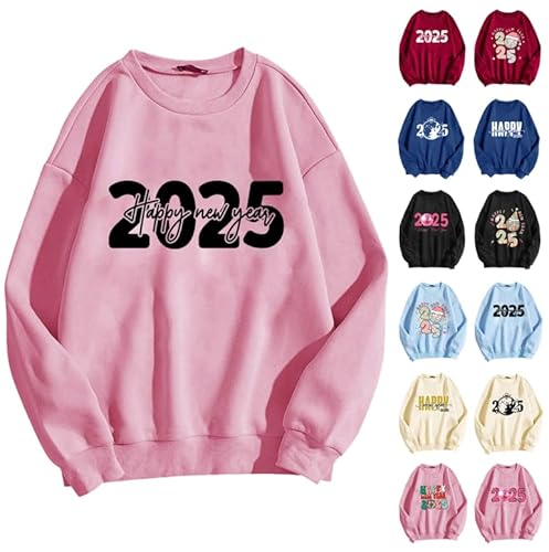2024 Angebote Sweatshirt Damen ohne Kapuze 2025 Happy New Year Bedruckt Pullover Baggy Passform Sportshirt Langarm Rundhal Blusentop Autumn Winter Bluse Kawaii Teenager Mädchen Oberteile von AYSDSKI