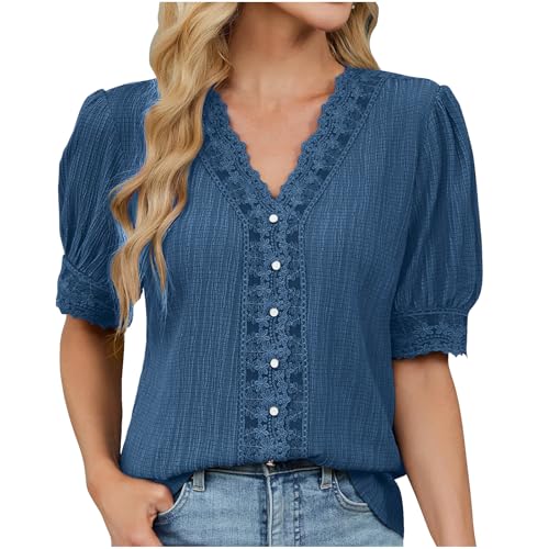2025 Deals Bluse Damen Spitze Patchwork Oberteile Boho Sommerbluse Einfarbig T-Shirt V-Ausschnitt Pullover Lockere Falten Blusentop Elegant Frühjahr Sommer Kurzarm Tops Strandshirt Loungewear von AYSDSKI