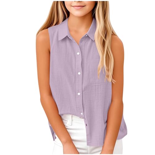 Ärmellos Bluse Mädchen Musselin Oberteile Einfarbig Sommerbluse Klassische Passform Unterhemd mit Taschen Revers Button-Down Blusentop Kinder Frühjahr Sommer Tops Strandshirt Sportshirt 5-15 Jahre von AYSDSKI