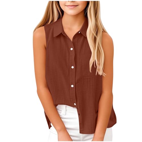 Ärmellos Bluse Mädchen Musselin Oberteile Einfarbig Sommerbluse Klassische Passform Unterhemd mit Taschen Revers Button-Down Blusentop Kinder Frühjahr Sommer Tops Strandshirt Sportshirt 5-15 Jahre von AYSDSKI