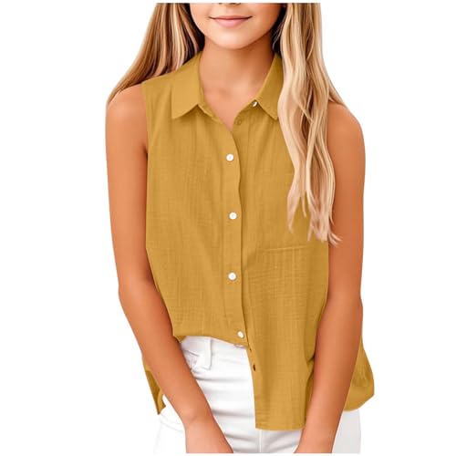 Ärmellos Bluse Mädchen Musselin Oberteile Einfarbig Sommerbluse Klassische Passform Unterhemd mit Taschen Revers Button-Down Blusentop Kinder Frühjahr Sommer Tops Strandshirt Sportshirt 5-15 Jahre von AYSDSKI