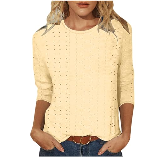 AYSDSKI 3/4-Arm Bluse Damen Lochstickerei Oberteile Klassische Passform T-Shirt Lässige Blusentop Eyelet Rundhal Tshirt Autumn Winter Tops Sportshirt S-3XL von AYSDSKI