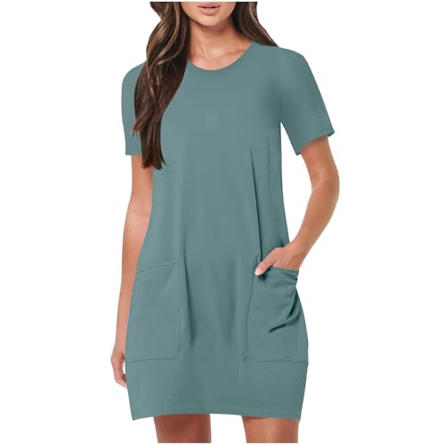 AYSDSKI Angebote des Tages Heute Blitzangebote Kleider Damen Sommer Einfarbig Blusenkleid Kurz Sommerkleid mit Taschen Rundhal Dress Kurzarm Kleid Freizeitkleid von AYSDSKI
