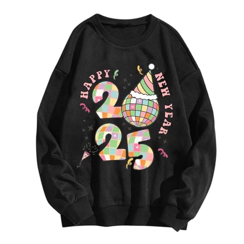 AYSDSKI Angebote des Tages Heute blitzangebote Sweatshirt Damen ohne Kapuze 2025 Happy New Year Bedruckt Pullover Baggy Passform Sportshirt Langarm Rundhal Blusentop Autumn Winter Bluse von AYSDSKI