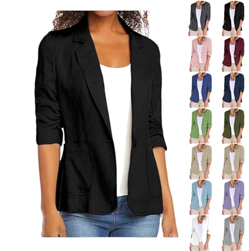 AYSDSKI Blazer Damen 3/4-Arm Dressy Blazer Musselin Blazerjacke Einfarbig Kurzblazer mit Taschen Umlegekragen Mantel für Arbeit Büro Slim Fit Office Lady Sakko Übergangsjacke von AYSDSKI