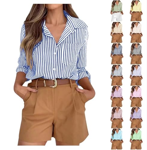 AYSDSKI Bluse Damen Elegant Langarm Streifenbluse Bluseshirt mit Taschen Büro Arbeit Blusen Revers Button-Down Oberteile Autumn Sommer Longsleeve Lockere Tops AYSDSKI Bluse Damen Elegant Langarm Streifenbluse Bluseshirt mit Taschen Büro Arbeit Blusen Revers Button-Down Oberteile Autumn Sommer Longsleeve Lockere Tops von AYSDSKI