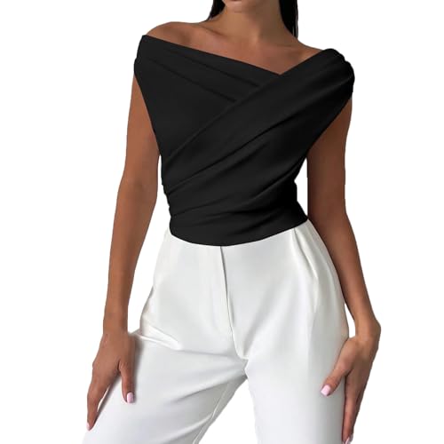 AYSDSKI Bluse Damen Sommer V-Ausschnitt Wickelshirt Einfarbig Off Shoulder Oberteile Kurz Skinny Passform Blusentop Elegant Ärmellos Tops Streetwear von AYSDSKI