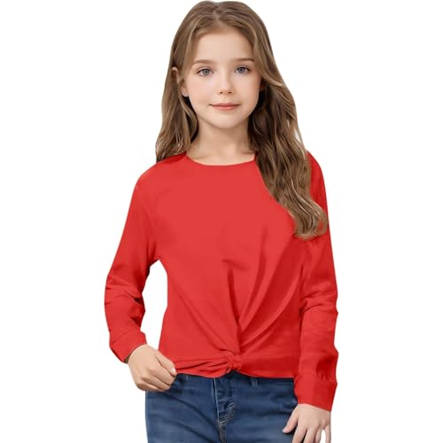AYSDSKI DüNn Sweatshirt Mädchen ohne Kapuze Einfarbig Bluse mit Twist Knot Lässige O-Ausschnitt Langarmshirt Kinder Frühjahr Sommer Pullover Longsleeve für 2-14 Jahre Unisex Sportshirt von AYSDSKI