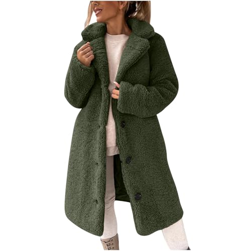 AYSDSKI Fleecejacke Damen Lang Einfarbige Winterjacke Umschlagkragen Teddyjacke Lanagrm Teddy Fleece Trenchcoat Button-Down Warmer Mantel Weiche Teedyfleece Jacke Mittlere Länge Wintermantel von AYSDSKI