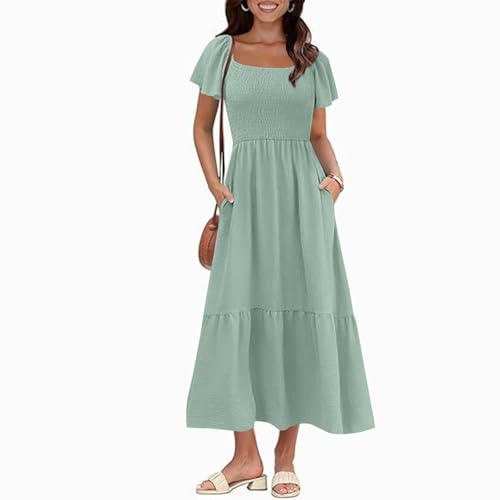 AYSDSKI Kleider Damen Lang Einfarbig Sommerkleid Hohe Taille Kleid Maxikleid mit Taschen Eckiger Ausschnitt Tunikakleid Kurzarm Cocktailkleid S-3XL von AYSDSKI
