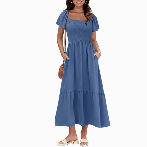 AYSDSKI Kleider Damen Lang Einfarbig Sommerkleid Hohe Taille Kleid Maxikleid mit Taschen Eckiger Ausschnitt Tunikakleid Kurzarm Cocktailkleid S-3XL von AYSDSKI