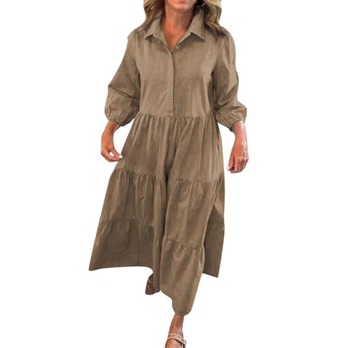 AYSDSKI Kleider Damen Lang Musselin Sommerkleid Lockere Kleid Einfarbig Revers Maxikleid mit Falten Langarm Dress von AYSDSKI