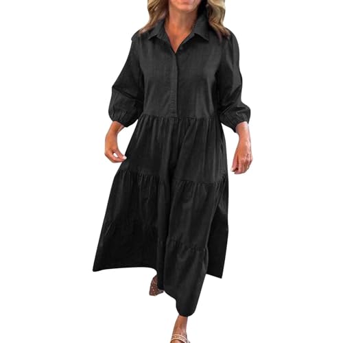 AYSDSKI Kleider Damen Lang Musselin Sommerkleid Lockere Kleid Einfarbig Revers Maxikleid mit Falten Langarm Dress von AYSDSKI