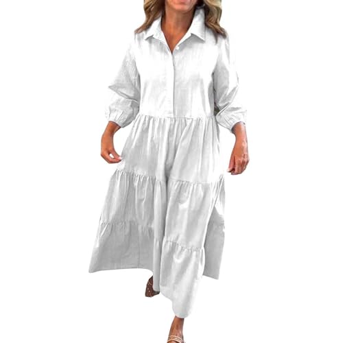 AYSDSKI Kleider Damen Lang Musselin Sommerkleid Lockere Kleid Einfarbig Revers Maxikleid mit Falten Langarm Dress von AYSDSKI