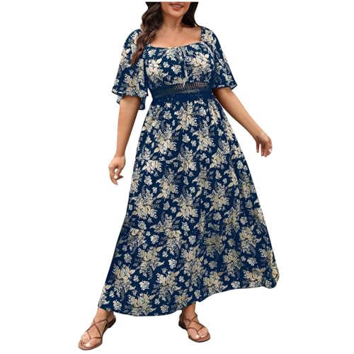 AYSDSKI Kleider Damen Lang Vintage Blumenmuster Kleid Spitze Patchwork Maxikleid Große Größen Sommerkleid Eckiger Ausschnitt Dress Hohe Taille Tunikakleid Kurzarm Strandkleid Cocktailkleid XL-4XL von AYSDSKI