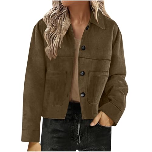 AYSDSKI Kurz Faux Wildlederjacke Damen Umschlagkragen Übergangsjacke mit Knopfleiste Langarm Cropped Jacke mit Taschen Autumn Winter Mantel Modische Wildleder Kurzjacke von AYSDSKI